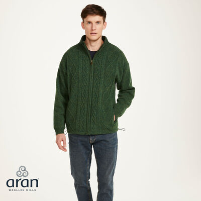 Lined Shetland Wool Zipper Aran Cardigan, Cardi Green